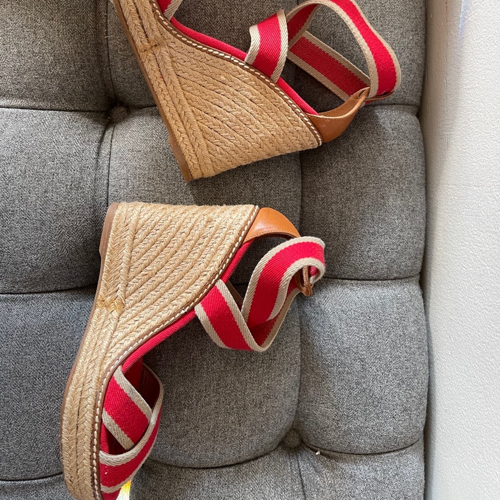 Tory Burch Straw Wedge High Heel Sandals - Picture 3 of 7